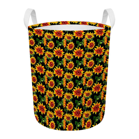 Black Autumn Sunflower Pattern Print Round Laundry Basket