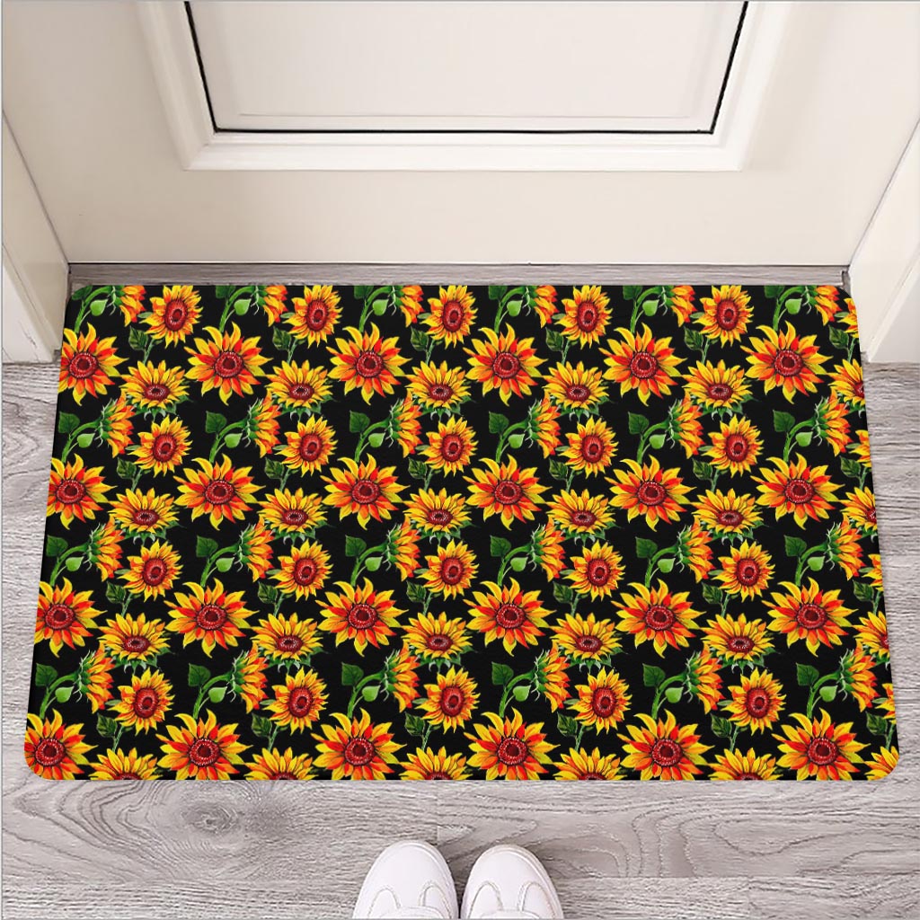 Black Autumn Sunflower Pattern Print Rubber Doormat