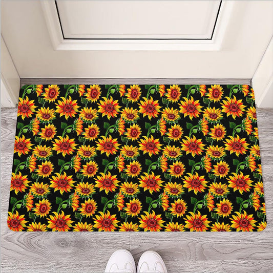 Black Autumn Sunflower Pattern Print Rubber Doormat