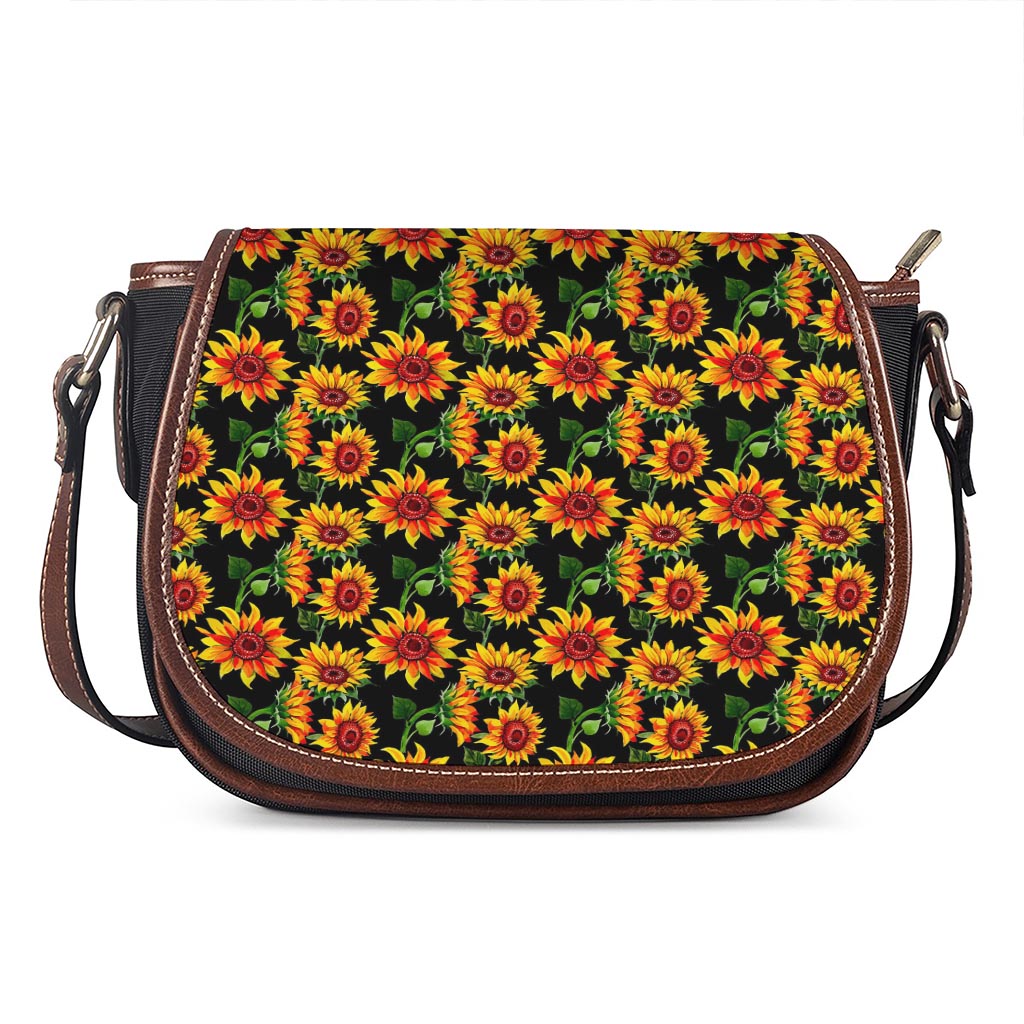 Black Autumn Sunflower Pattern Print Saddle Bag