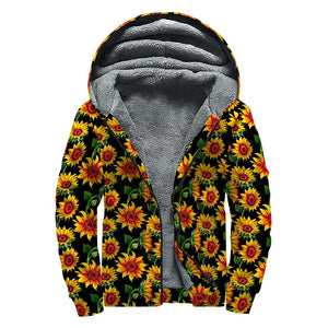 Black Autumn Sunflower Pattern Print Sherpa Lined Zip Up Hoodie