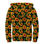 Black Autumn Sunflower Pattern Print Sherpa Lined Zip Up Hoodie