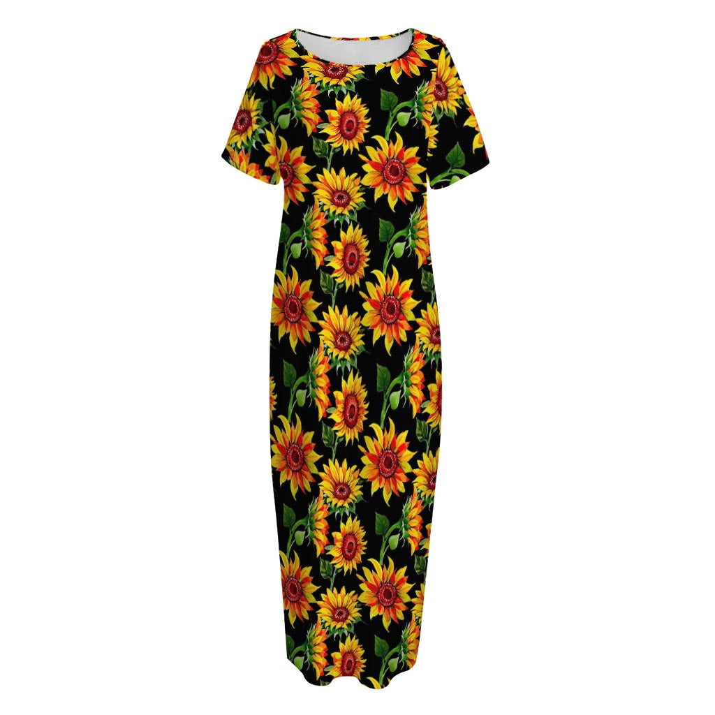 Black Autumn Sunflower Pattern Print Short Sleeve Long Nightdress