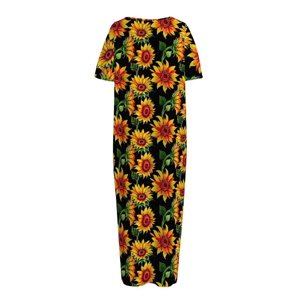 Black Autumn Sunflower Pattern Print Short Sleeve Long Nightdress