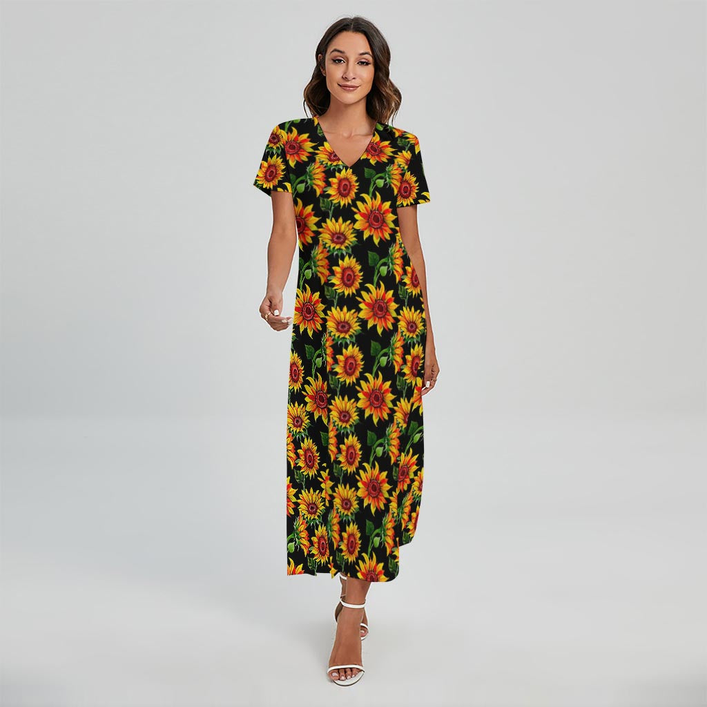 Black Autumn Sunflower Pattern Print Short Sleeve Maxi Dress