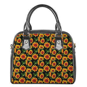 Black Autumn Sunflower Pattern Print Shoulder Handbag