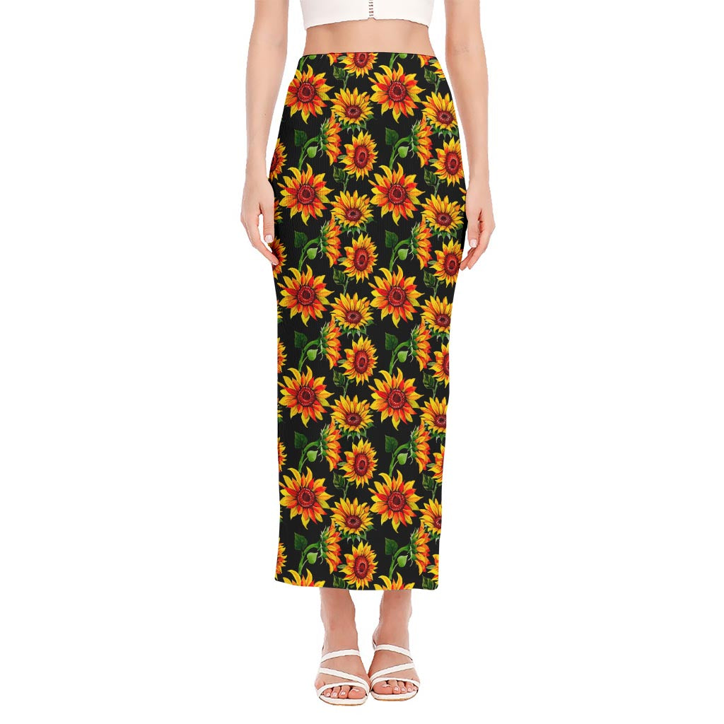 Black Autumn Sunflower Pattern Print Side Slit Maxi Skirt