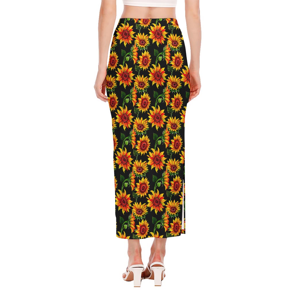 Black Autumn Sunflower Pattern Print Side Slit Maxi Skirt