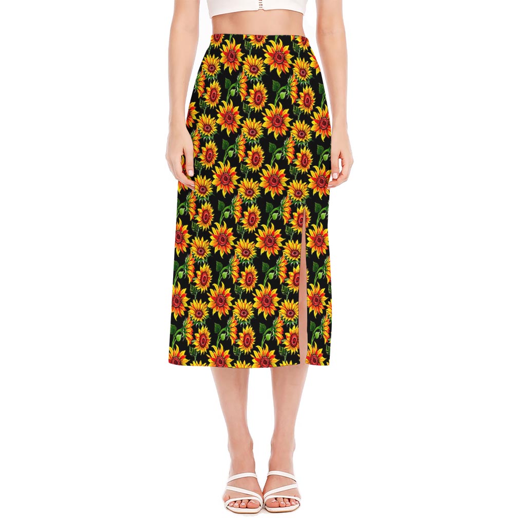 Black Autumn Sunflower Pattern Print Side Slit Midi Skirt