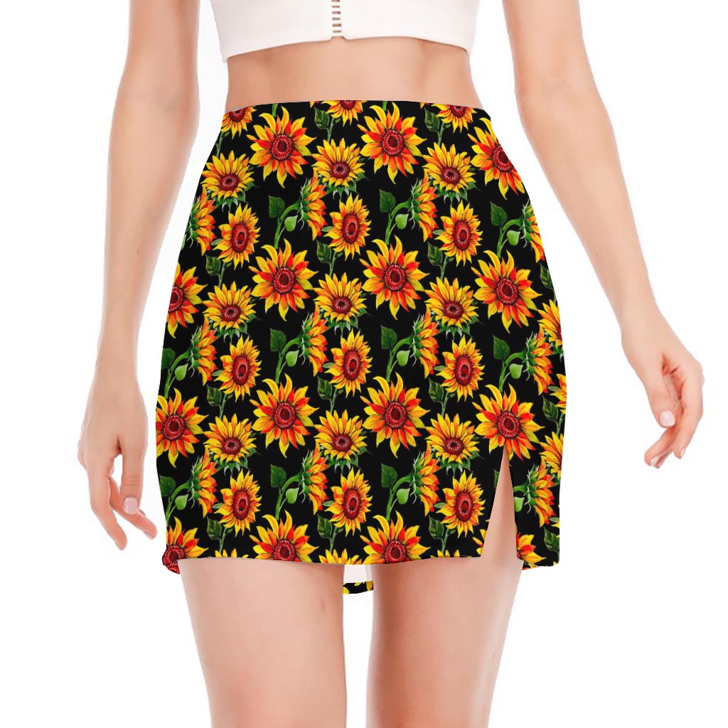 Black Autumn Sunflower Pattern Print Side Slit Mini Skirt