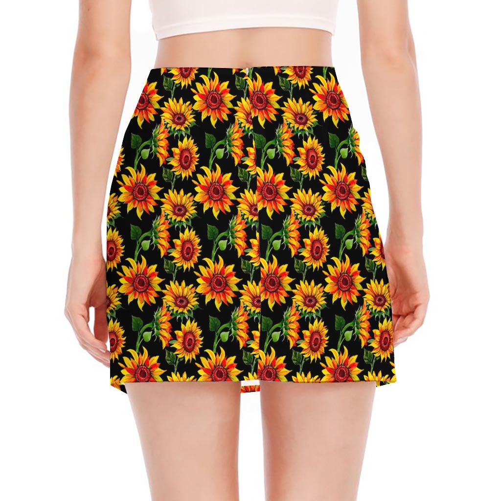 Black Autumn Sunflower Pattern Print Side Slit Mini Skirt