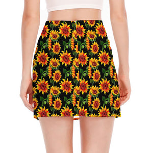 Black Autumn Sunflower Pattern Print Side Slit Mini Skirt