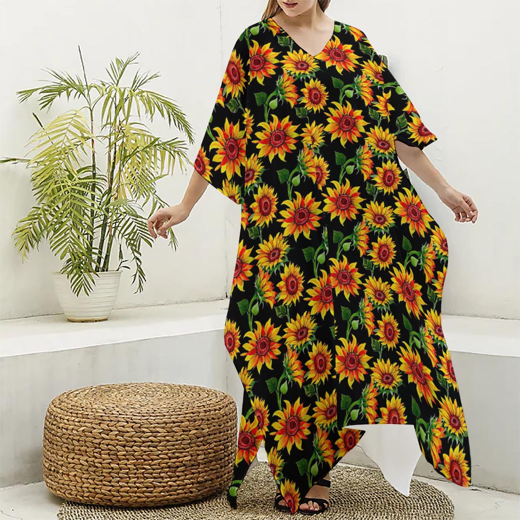 Black Autumn Sunflower Pattern Print Silk V-Neck Kaftan Dress