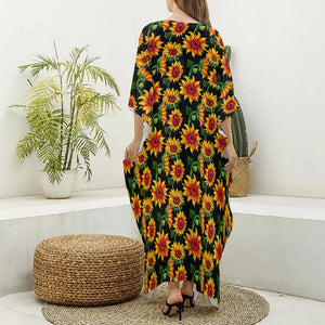 Black Autumn Sunflower Pattern Print Silk V-Neck Kaftan Dress