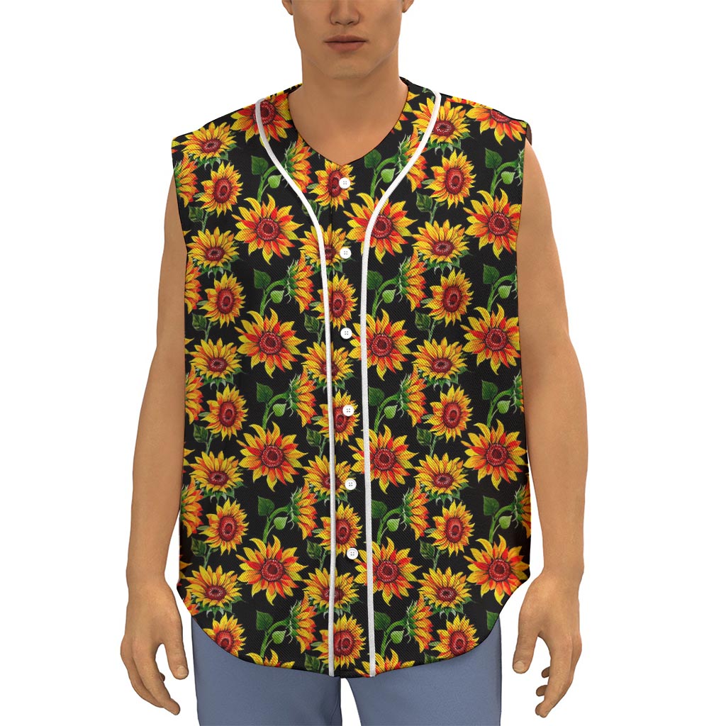 Black Autumn Sunflower Pattern Print Sleeveless Baseball Jersey