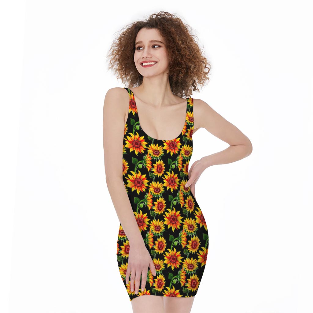 Black Autumn Sunflower Pattern Print Sleeveless Bodycon Dress