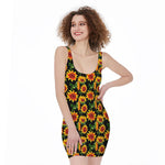 Black Autumn Sunflower Pattern Print Sleeveless Bodycon Dress