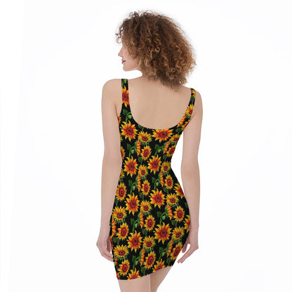 Black Autumn Sunflower Pattern Print Sleeveless Bodycon Dress