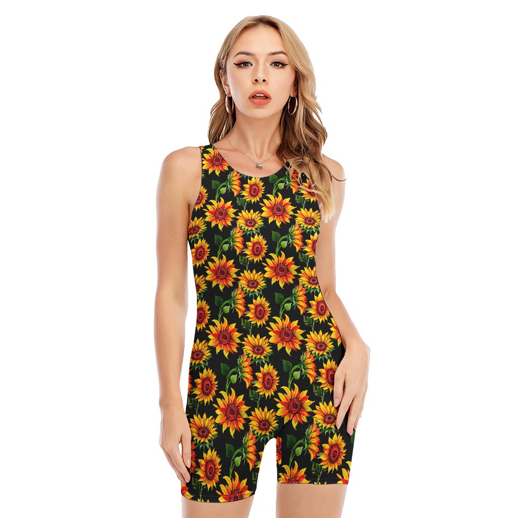 Black Autumn Sunflower Pattern Print Sleeveless One Piece Swimsuit