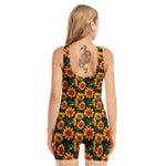 Black Autumn Sunflower Pattern Print Sleeveless One Piece Swimsuit