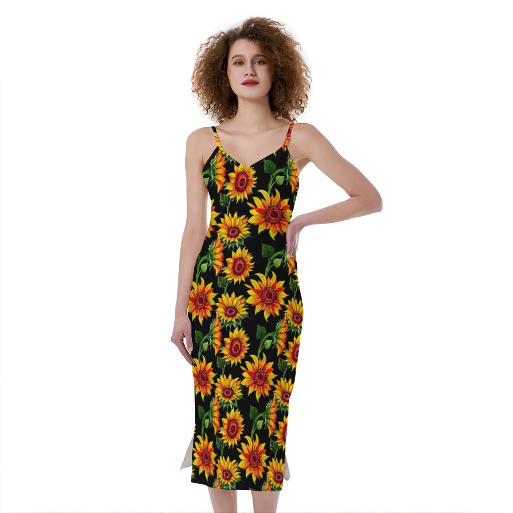 Black Autumn Sunflower Pattern Print Slim Fit Midi Cami Dress