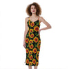 Black Autumn Sunflower Pattern Print Slim Fit Midi Cami Dress