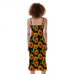 Black Autumn Sunflower Pattern Print Slim Fit Midi Cami Dress