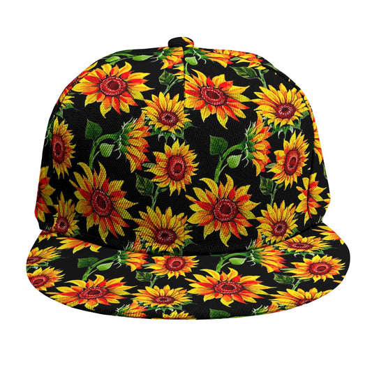 Black Autumn Sunflower Pattern Print Snapback Cap