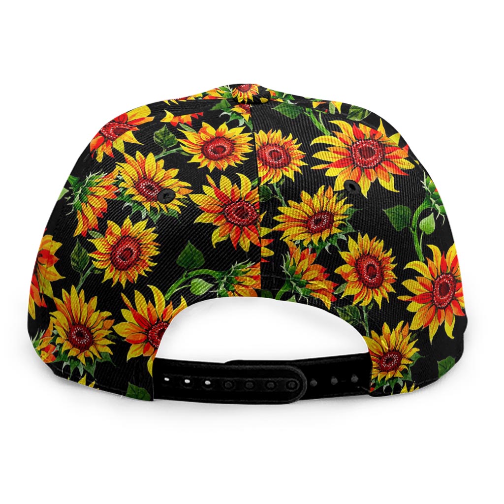 Black Autumn Sunflower Pattern Print Snapback Cap
