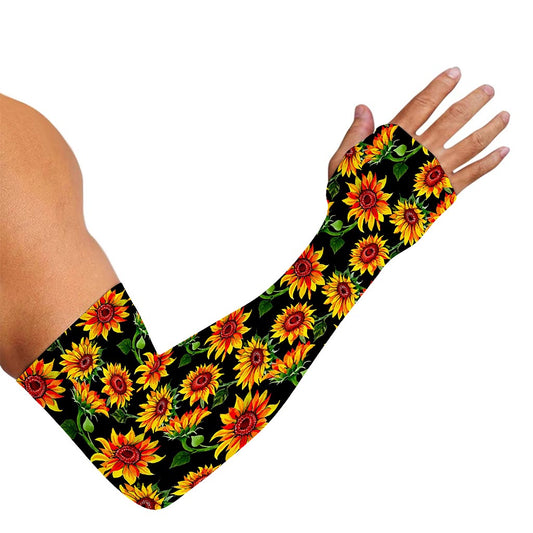 Black Autumn Sunflower Pattern Print Sun Protection Arm Sleeves