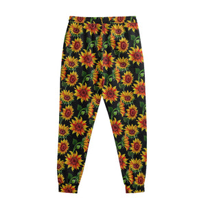 Black Autumn Sunflower Pattern Print Sweatpants