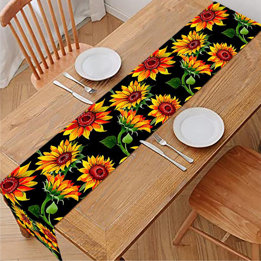 Black Autumn Sunflower Pattern Print Table Runner