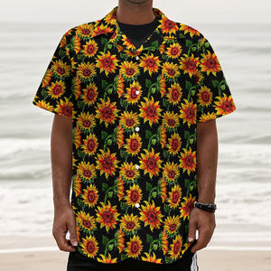 Black Autumn Sunflower Pattern Print Textured Short Sleeve Shirt