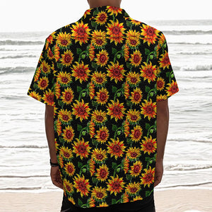 Black Autumn Sunflower Pattern Print Textured Short Sleeve Shirt