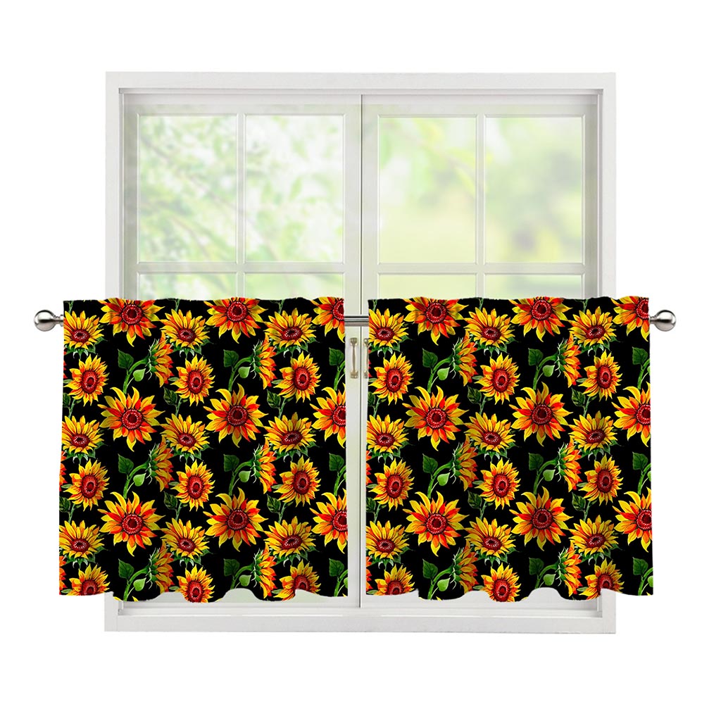 Black Autumn Sunflower Pattern Print Tier Curtains