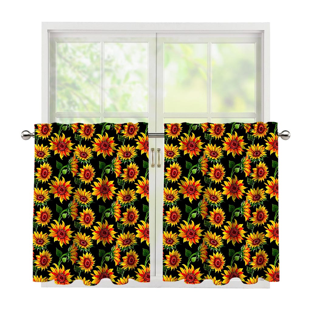 Black Autumn Sunflower Pattern Print Tier Curtains