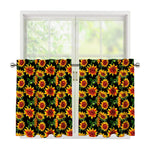 Black Autumn Sunflower Pattern Print Tier Curtains