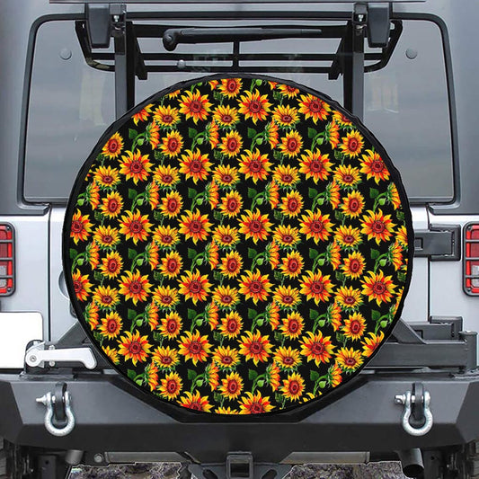 Black Autumn Sunflower Pattern Print Tire Cover