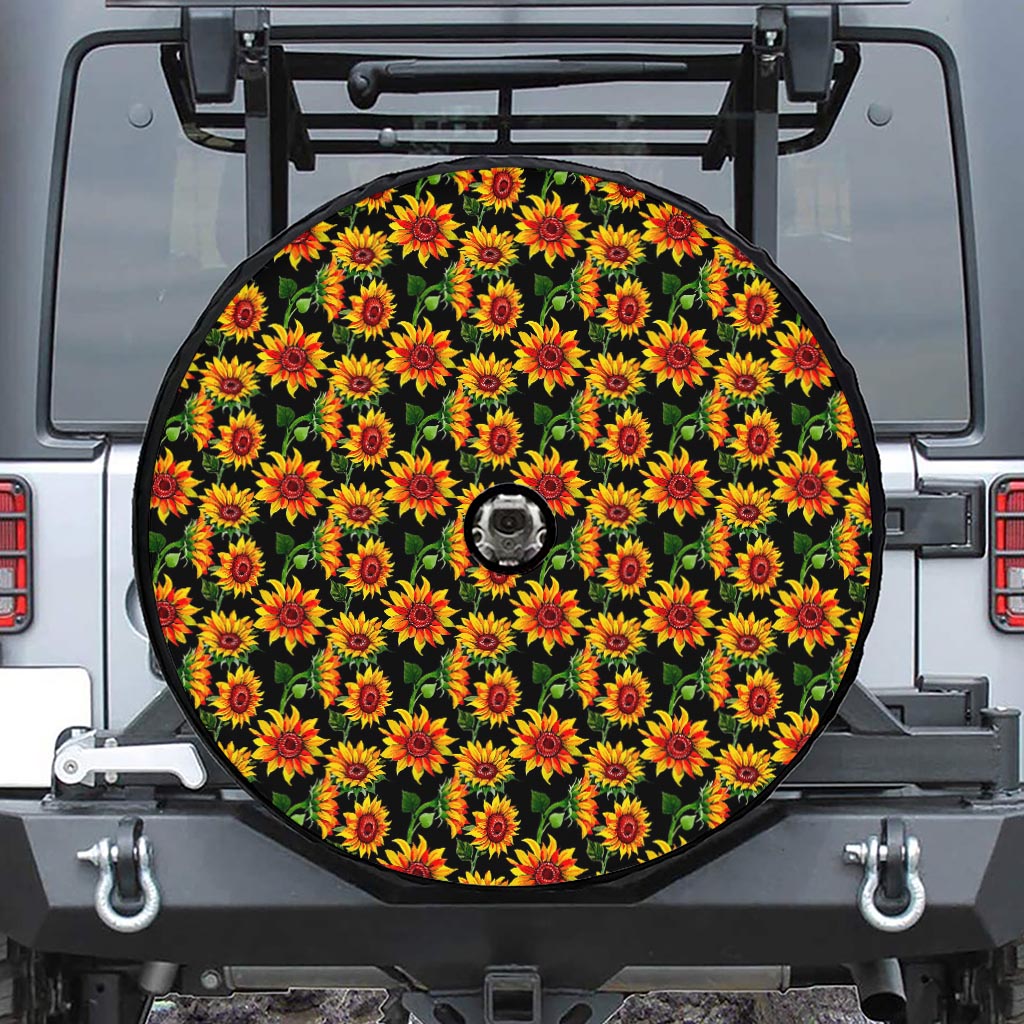 Black Autumn Sunflower Pattern Print Tire Cover With Camera Hole