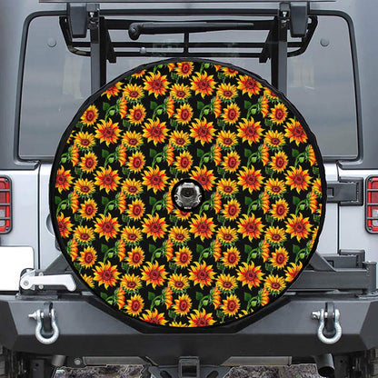 Black Autumn Sunflower Pattern Print Tire Cover With Camera Hole