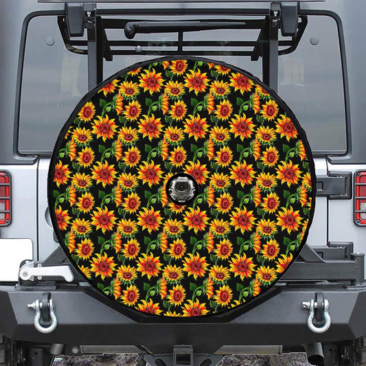Black Autumn Sunflower Pattern Print Tire Cover With Camera Hole