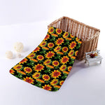 Black Autumn Sunflower Pattern Print Towel