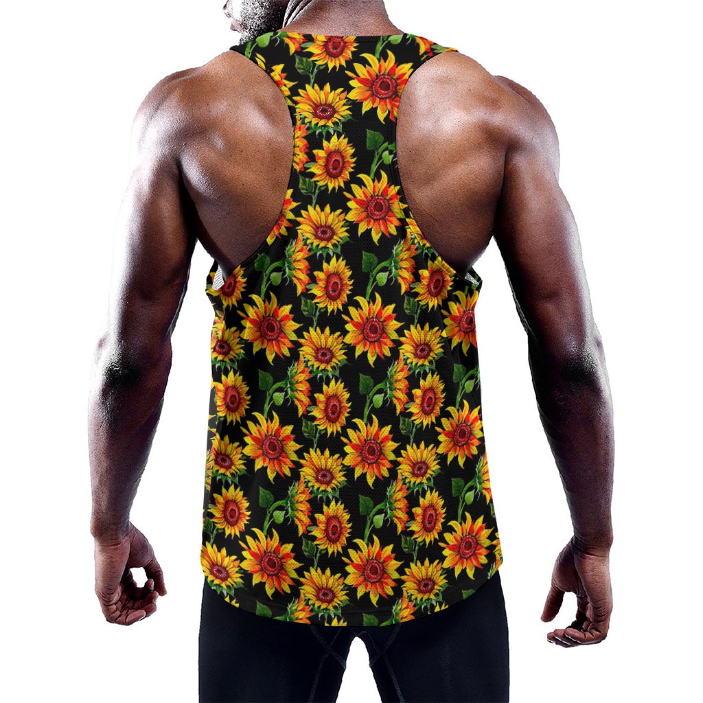 Black Autumn Sunflower Pattern Print Training Tank Top