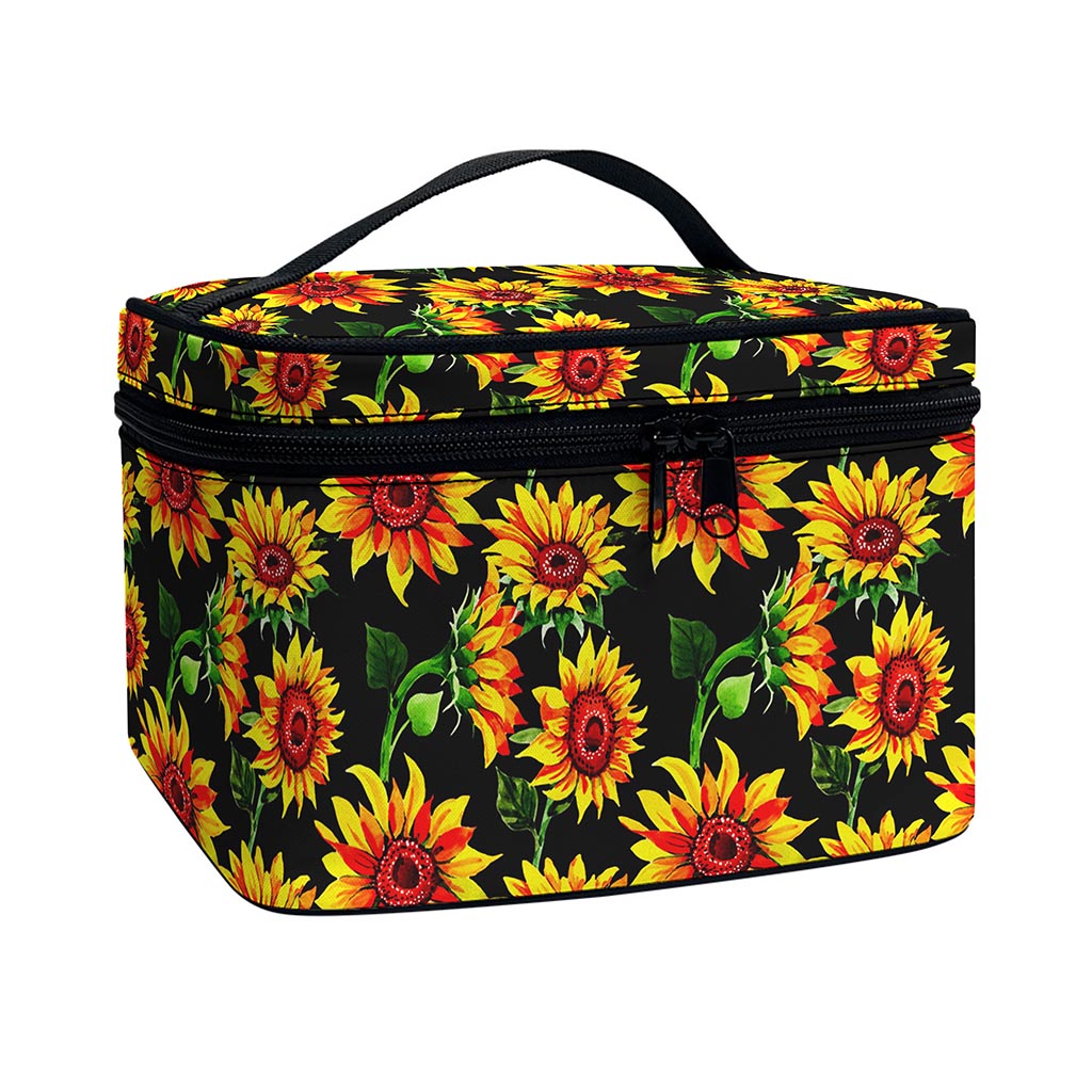 Black Autumn Sunflower Pattern Print Travel Makeup Bag