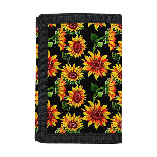 Black Autumn Sunflower Pattern Print Trifold Wallet