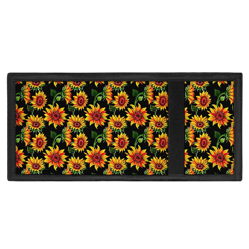 Black Autumn Sunflower Pattern Print Trifold Wallet