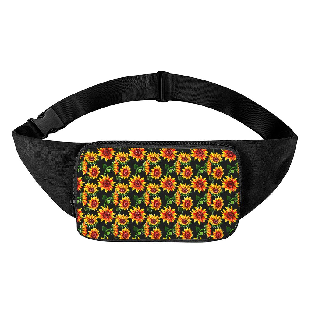 Black Autumn Sunflower Pattern Print Waist Bag