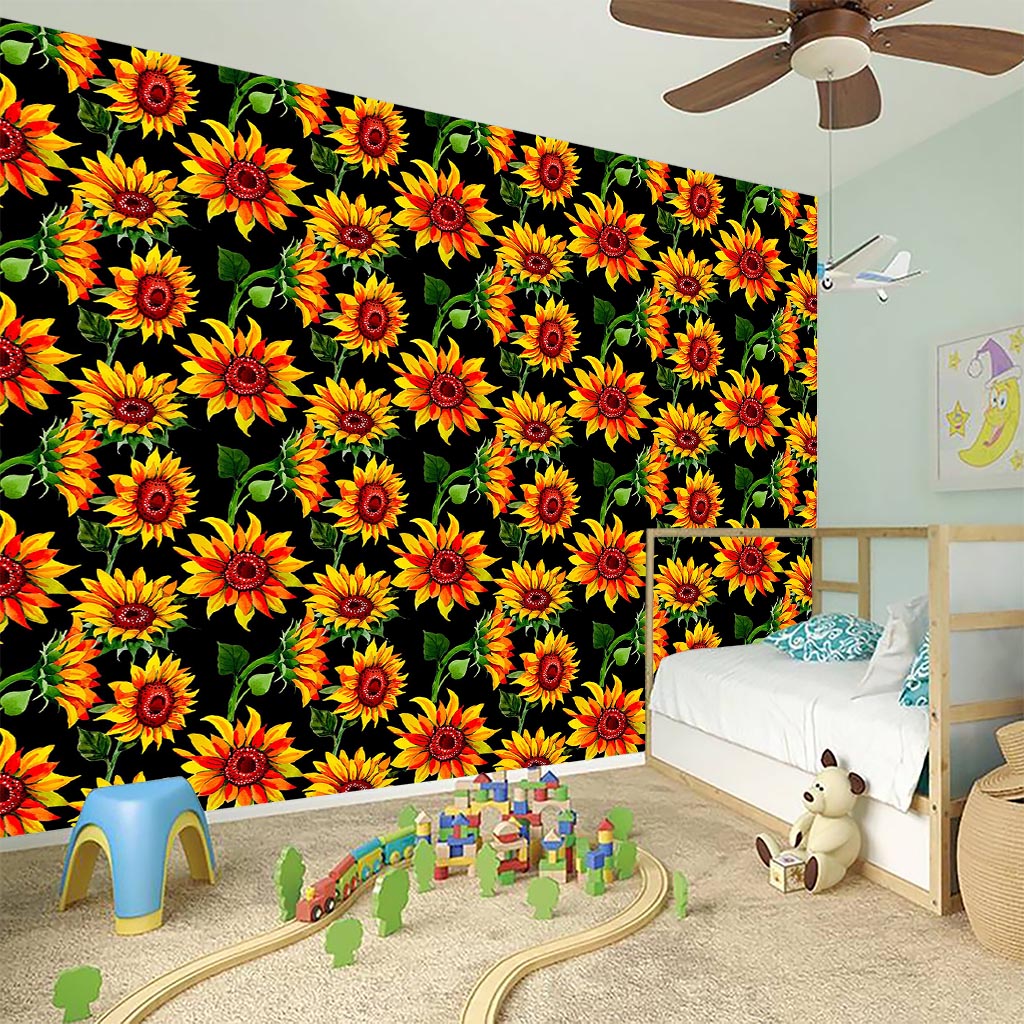 Black Autumn Sunflower Pattern Print Wall Sticker