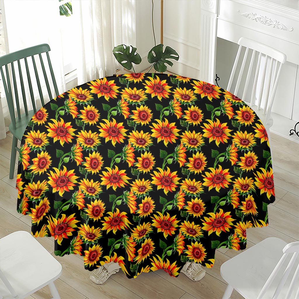 Black Autumn Sunflower Pattern Print Waterproof Round Tablecloth