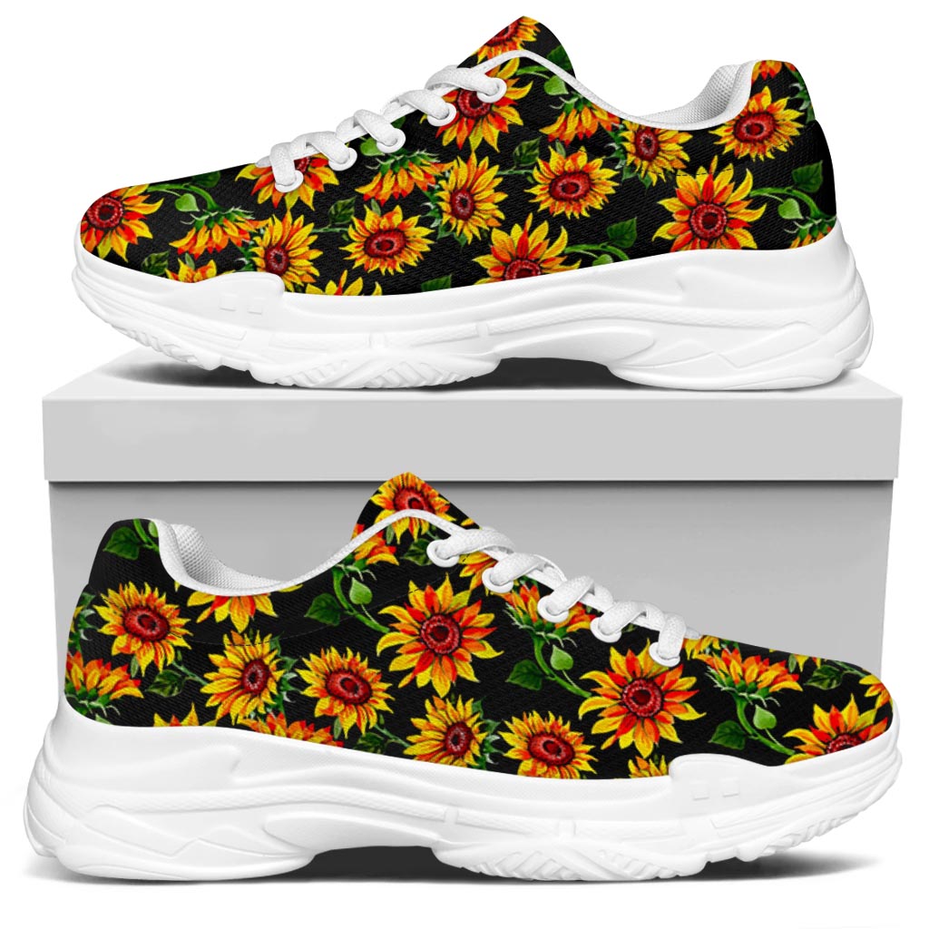 Black Autumn Sunflower Pattern Print White Chunky Shoes